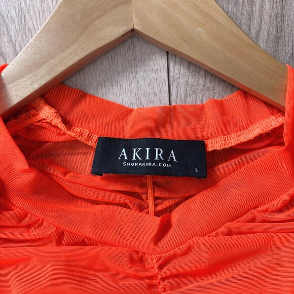 AKIRA Rory Ruched Mesh Asymmetrical Short Sleeve T-shirt Orange Womens Large Y2K - Picture 3 of 14